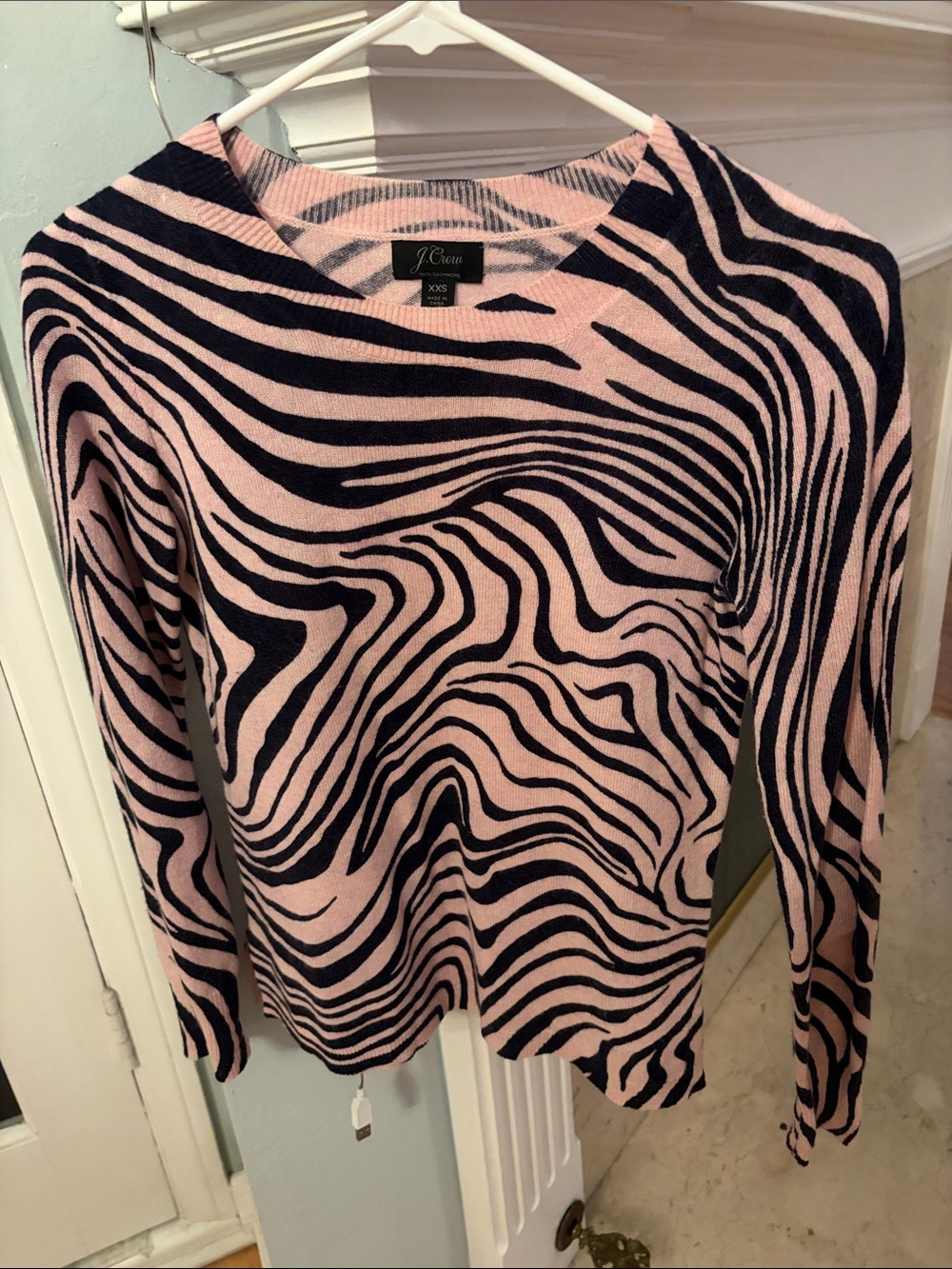 J. Crew Pink and Navy Zebra-Stripe Long Sleeve Cashmere Sweater